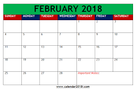 February 2018 Calendar Template Word Excel Blank Download