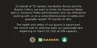 Sam kennedy, red sox president and ceo, said in a statement that. Td Garden On Twitter A Statement From Td Garden The Nhlbruins And The Celtics In Response To Governor Baker S Announcement Regarding Reopening The Arena To Fans Https T Co Rt5sp6xwwm