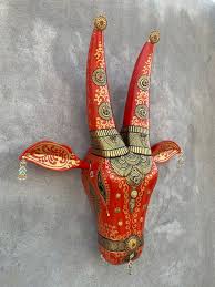 Cow Head Wooden Painted Indian Nandi