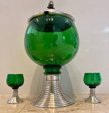 Green Glass Punch Bowl With Top Cups
