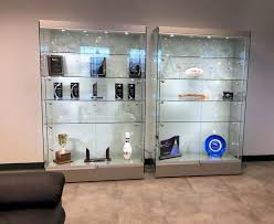 48 Display Case W Led Lights Frameless Sliding Door Ships Assembled Silver Glass Cabinets Display Trophy Display Case Display Cabinet