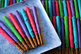 colorful chocolate covered pretzel rods