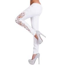 Women Sexy Low Rise Floral Lace Patchwork Hollow Out Skinny Pants Jeans Slim Pencil Trousers