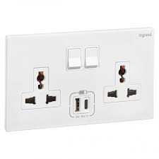 Multistandard socket outlet with USB Type-A+C chargers Galion - 13A 250V~ 2  gang - switched - white - 2 824 44 - Legrand
