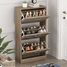 fufu a natural color 18 pair shoe storage cabinet with 3 drawers and 6 compartments and wood grain