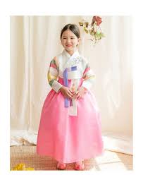 Korea Drees Hanbok Childrens Party Suits Holiday Dress White Flower Patch