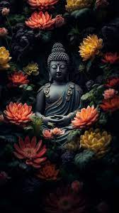 buddha statue with blooming flowers