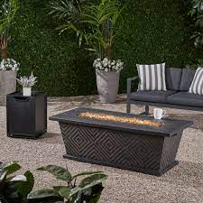 A gas fire pit table is an outdoor patio table that provides heat through a burner and adjustable flame. Foundry Select Patricia 19 H X 56 25 W Propane Outdoor Fire Pit Table Reviews Wayfair
