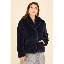 Yumi Navy Short Wrap Faux Fur Coat