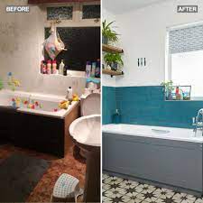 If you are trying to brighten your gray bathroom, use a softer gray paint with a bit of gloss to it. Teal Blue Bathroom Makeover With Patterned Floor And Grey Furniture