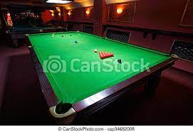 The brown, yellow, and green balls are placed in a line across from the pyramid. Snooker Table Set Up For Game A Snooker Table Set Up For A Game Front View Canstock