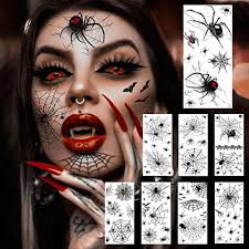 tak 8 sheets large 3d spider web temporary tattoos halloween makeup kit for women s realistic witch bat zombie fake face tattoos sticker for
