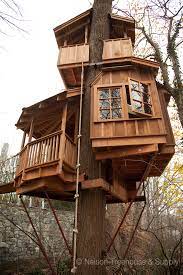 Authentic bamboo sticks line the lower portion of the treehouse with synthetic thatch covering the roof. Pin By Jules On The Moon On Tree House Tree House Tree House Designs Tree House Diy