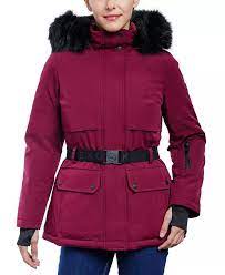 Belted Hooded Faux Fur Trim Puffer Coat