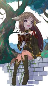 nishiya yasushi, vivian vin esmerode, the alliance alive, highres, 1girl,  :d, animal ears, black dress, black footwear, book, boots, brick, brown  eyes, brown hair, brown pantyhose, collarbone, day, dress, eyelashes,  forest, gloves,