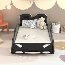 Urtr Twin Size Race Car Shaped Platform Bed With Wheels Wood Kids Bed Frame With Guardrails In Black