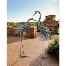 Metallic Patina Crane Garden Statuary