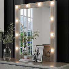 28 9 in w x 35 2 in h rectangular freestanding bathroom makeup mirror in chagne silver with led lights