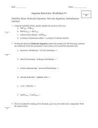 Aqueous Reactions Worksheet 1 Wc