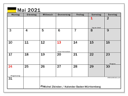 Gesetzliche feiertage 2021 in deutschland. Kalender Baden Wurttemberg Mai 2021 Zum Ausdrucken Michel Zbinden De