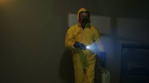 Premium stock video - Hazmat suit wearing man explores a dark room