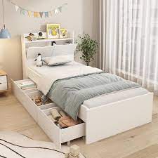 White Wood Twin Size Bed Storage Bed