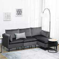 Homcom Convertible Sectional Sofa Couch Modern L Shaped Couch 3 Seater Sofa With Reversible Ottoman For Living Room Apartment Small Space Gray