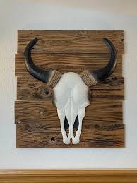 Reclaimed Wood Mounted Metal Bull Skull