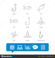 Fishing Hook And Float Icons Fish Waves Signs Stock