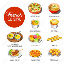 Despite france's history of political and cultural centralization around its capital paris, each region has its own distinctive specialities. Vector Illustration Of Different Dishes Of French Cuisine Royalty Free Cliparts Vectors And Stock Illustration Image 83629985