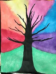 Rainbow Sky Black Tree Watercolor Paint