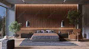 Modern Bedroom Interior With Slat Wood