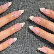 oval fake nails french white diamond