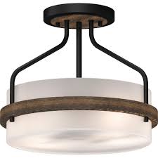 Volume Lighting Emery 2 Light Walnut And Black Indoor Semi Flush Mount Ceiling Fixture With Frosted Glass Drum 4743 84 The Home Depot