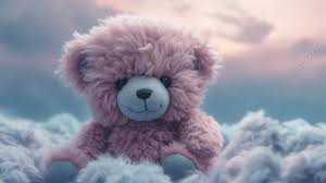 pink teddy bear looking up at the sky