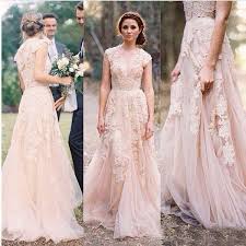 Discount Vintage Blush Wedding Dresses 2019 Applique Lace V Neck Cap Sleeves Reem Acra Vestio De Maraiage Country Garden Bridal Gown Lace Vintage