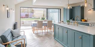 Blue is a great color for kitchen cabinets. Shaker Kitchen Design Herringbone Wood Floors In Brighton Home