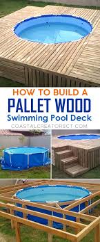 Above ground pools are great and cheap but if you want to take pool experience to the next level you need a place for sunbathing and relaxation next to the pool. Learn How To Build A Pallet Wood Swimming Pool Deck Pallet Pool Swimming Pool Decks Diy Swimming Pool