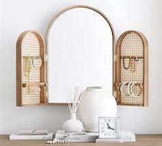 Tri Fold Mirror With Caned Jewelry