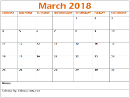 Blank March 2018 Calendar Template Free Download For Mobile