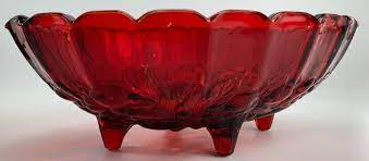 Large Red Glass Bowl Vintage 4 Footed