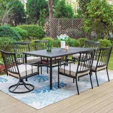Phi Villa 7 Piece Metal Patio Outdoor Dining Set With Geometric Table Top And Swivel Chairs With Beige Cushion