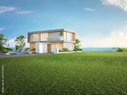 Luxury beach house with sea view swimming pool and big garden in modern  design. Empty green grass lawn at vacation home. 3d illustration of  contemporary holiday villa exterior. Stock Illustration | Adobe Stock gambar png