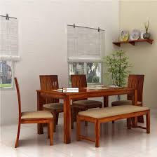 Grey material 7pcs wooden dining table + 6 chairs set 7pcs wooden dinning table set with 1 table & 6 chairs colour: Kendalwood Furniture Sheesham Wood Dining Table With 4 Chairs With 1 Bench 6 Seater Dining Set Dining Room Furniture Honey Teak Finish With Cream Cushions Kendalwood