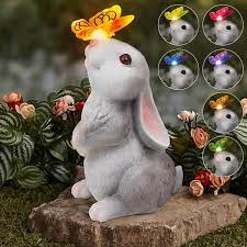 Rabbit With Solar Erfly Changing Lights Garden Statues Bunny Statue For Patio Balcony Yard Lawn Ornament