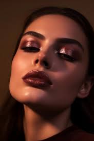 woman with a red lip and a smoky eye makeup