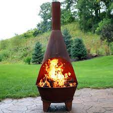 Steel outdoor wood burning chiminea fire pit with log poker grate and cover Sunnydaze 75 Inch Chiminea Wood Burning Fire Pit Steel With Oxidized Finish Overstock 21853787