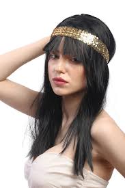 Disco 70s hairstyles black women. Lady Party Wig Fancy Dress Long Black Straight Bangs 70s Disco Cleopatra Odalisque Golden Headband