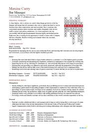 Bar Manager Cv Crossword Template Example Hotel General