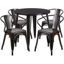 Round Black Antique Gold Metal Indoor Outdoor Table Set With 4 Arm Chairs